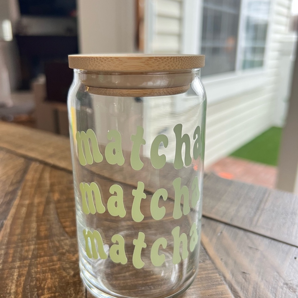 Glass Jar with Bamboo Lid and Matcha Print